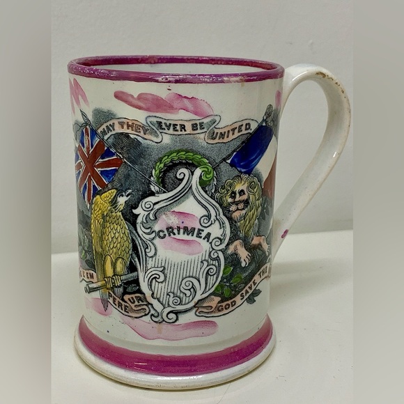 1850s Vtg Antique Crimean War Sunderland Pink Pearl Transfer Lustreware Frog Mug - Picture 2 of 16
